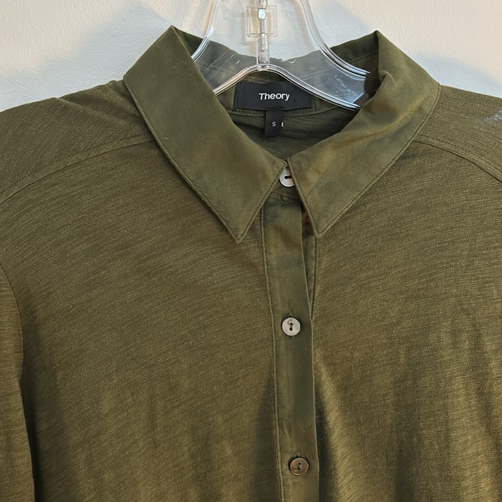 Theory Women's Riduro Cotton Slub Long Sleeve Button-Up Shirt Green Small - Picture 3 of 10